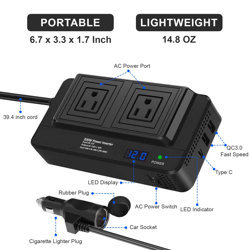 Outdoor Power Adapter Usb C - Inverter per Auto da 200W, Convertitore